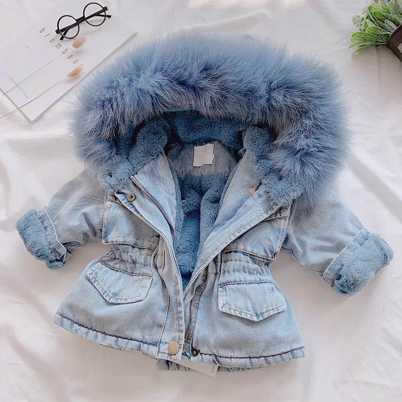 Г. Осенне-зимняя Вельветовая джинсовая куртка для девочек утепленное пальто с меховым воротником на талии детская теплая парка с капюшоном - Цвет: blue