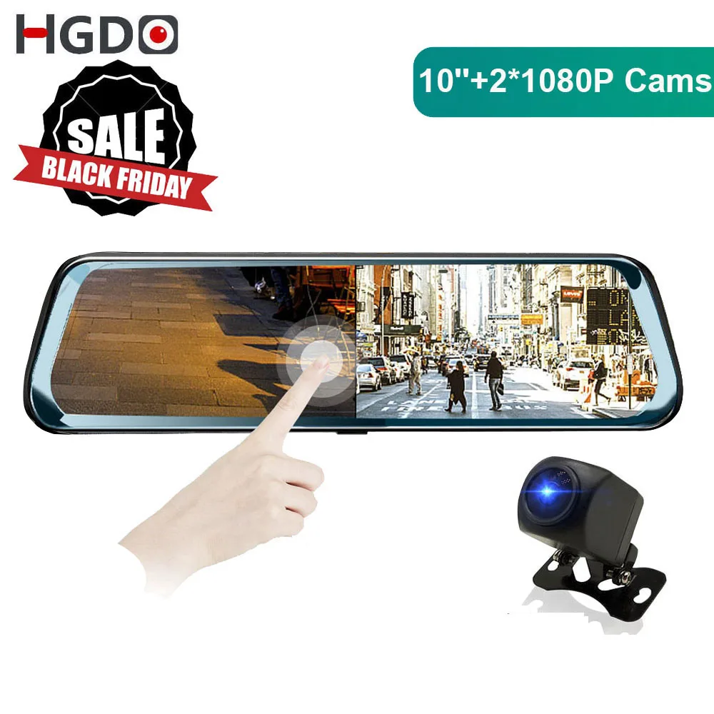 Skup HGDO H20 10 cal nagrywarka samochodowa z ekranem dotykowym widok z tyłu lustro kamera na deskę rozdzielczą pełna samochodowa kamera hd 1080P aparat z tyłu podwójny obiektyw wideorejestrator