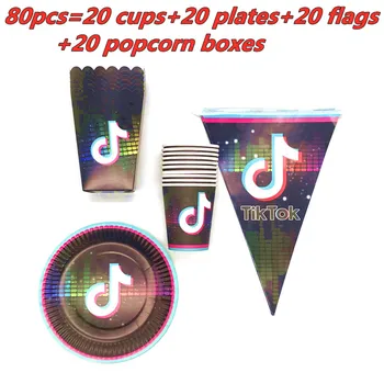 

TikTok Design Theme Birthday Party Decorations Paper Cups Plates Flags Popcorn Box Baby Shower Disposable Tableware Supplies Set