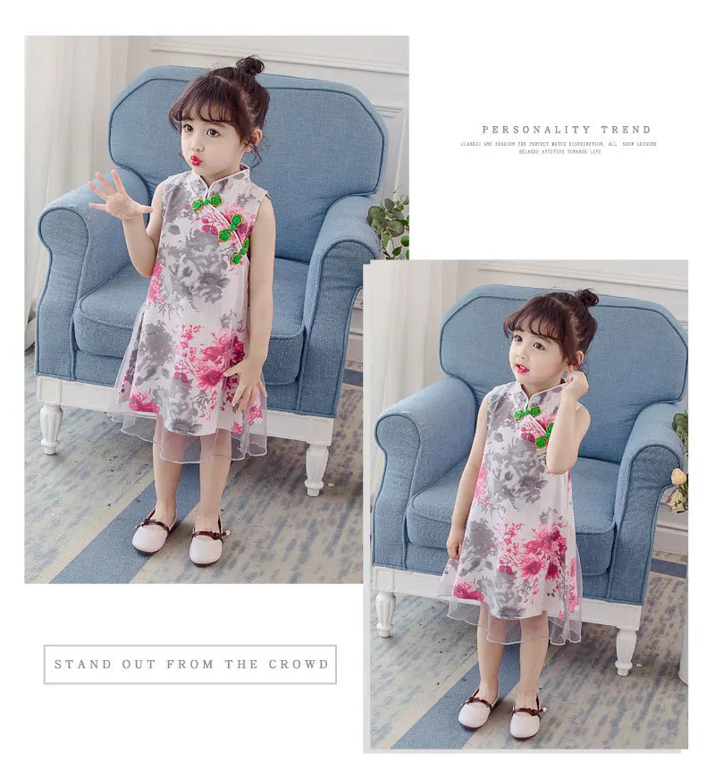 Летний Стиль детской одежды для девочек, газовое платье чонсам, детский костюм в китайском стиле, китайский костюм для девочек