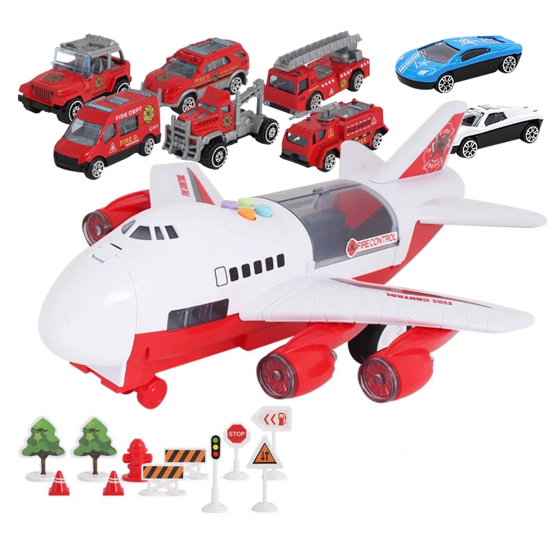 

Car Toys Set with Transport Cargo Airplane Educational Vehicles Fire Fighting Car Set for Kids with Large Play Mat