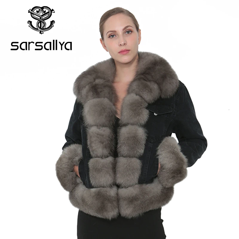 SARSALLYA натуральным лисьим мехом джинсовая куртка Модные женские туфли пальто парка Натуральный Мех Collor Outcoat зима теплая женская одежда пальто
