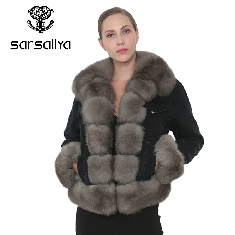 SARSALLYA натуральным лисьим мехом джинсовая куртка Модные женские туфли пальто