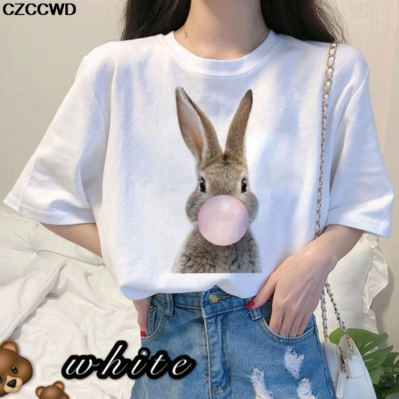 The Rabbit Who Loved Chewing Gum Since Childhood Print Women's T-Shirt Harajuku Summer Female Streewear Vogue Tshirt Fun T Shirt | Женская