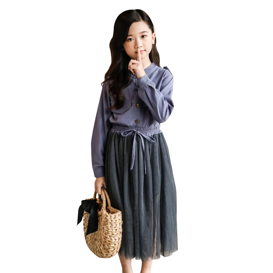 Spring Girls Clothes Solid Blouse + Mesh Dress 2 Pcs Teenage Clothes Long Sleeve Suit For Girls