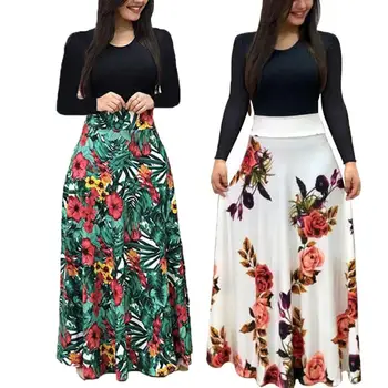 

Vintage Women Stripe Floral Print Patchwork O Neck Long Sleeve Party Maxi Dress Floral Print Patchwork O Neck Party Maxi Dress