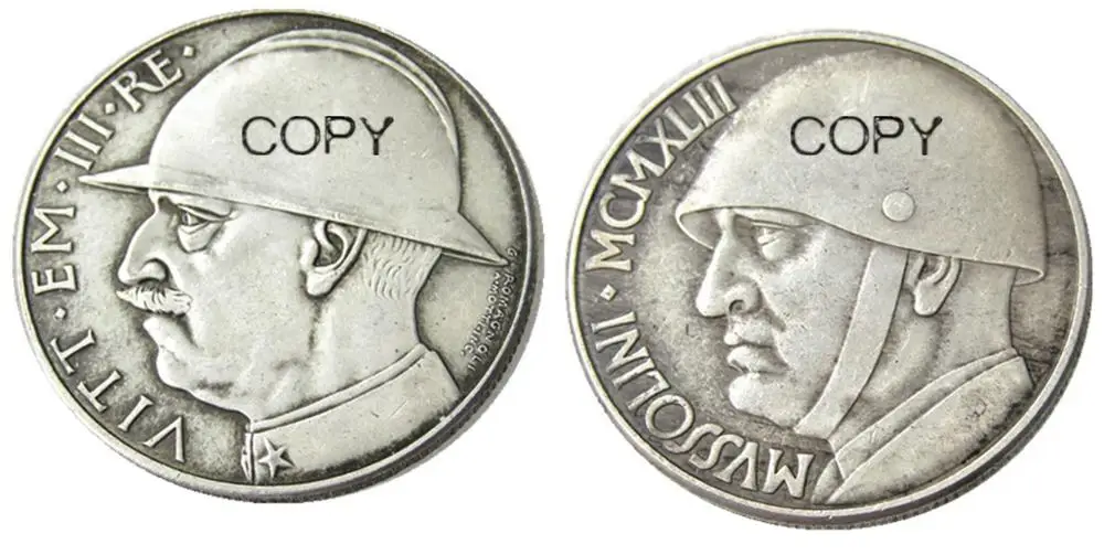 MORUZZI-VICTOR EMMANUEL III 1900-1943 20 LIRE Elmetto 1928 или 1943 2 шт посеребренные копии монет | Дом и сад
