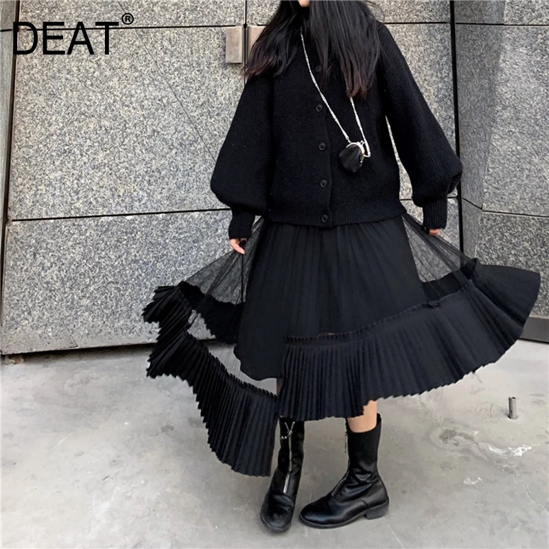 

[DEAT] High Elastic Waist Mesh Spliced Pleated Irregular Half-body Skirt Women Fashion Tide New Spring Autumn 2020 13F089