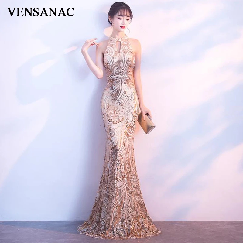 

Длинные вечерние платья VENSANAC, расшитые блестками, с открытыми плечами, с кристаллами, для выпускного вечера