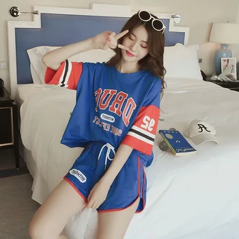 

Summer Fashion Letter Printing Loose Version Cotton Tshirt + Women Shorts Two Piece Suit
