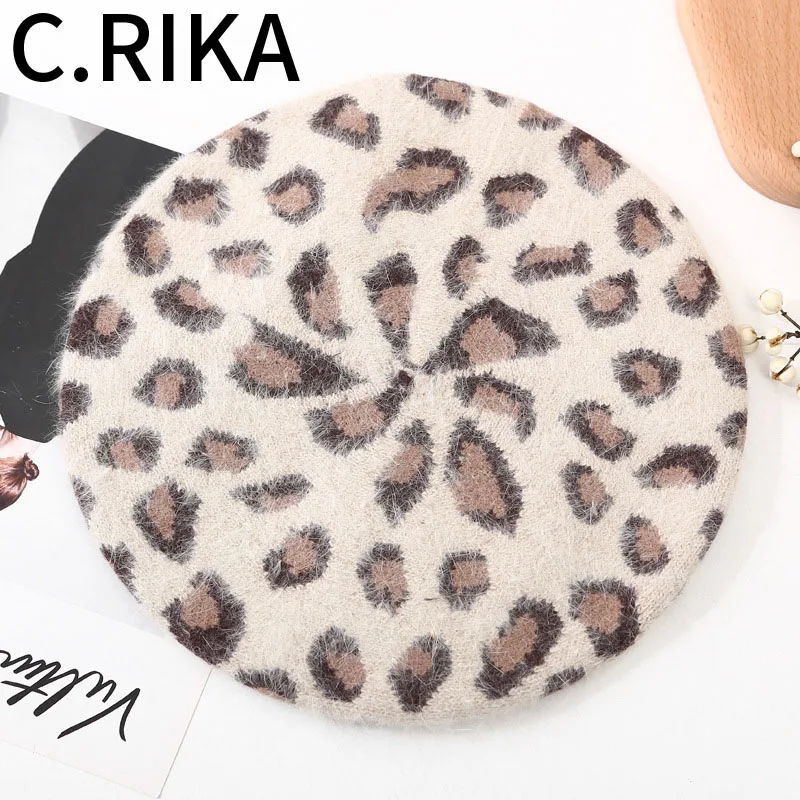 

2019 Fashion Vintage Women Winter Warm Leopard Berets French Hat Beanie Hat Female Girls Beret Hat Knitted Painter Hat