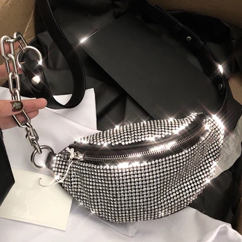 

2020 New Tide Rhinestone Waist Bag Full Diamond Leather Chain Crossbody Bag Diamond Chest Bag Women Luxury Bags Diamond Hobos