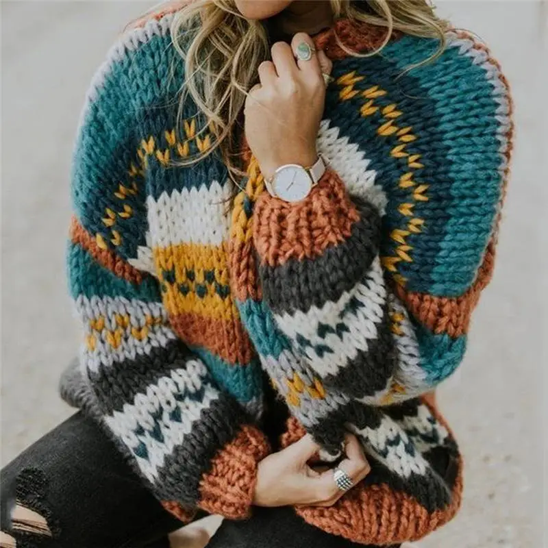 Женский осенний зимний Повседневный теплый свитер, куртка, повседневный разноцветный плотный кардиган с v-образным вырезом и длинным рукавом, вязаное пальто