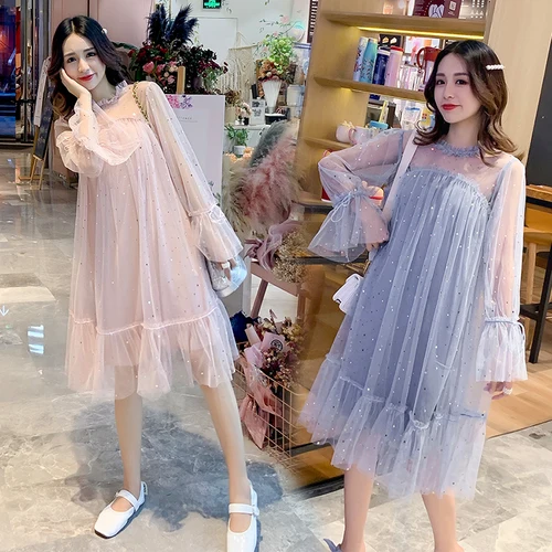 

Loose 2019 New Casual Brief Women Dresses Vintage Flarre Sleeve Mesh Dresses Fashion Mid-calf Stand Summer Dress