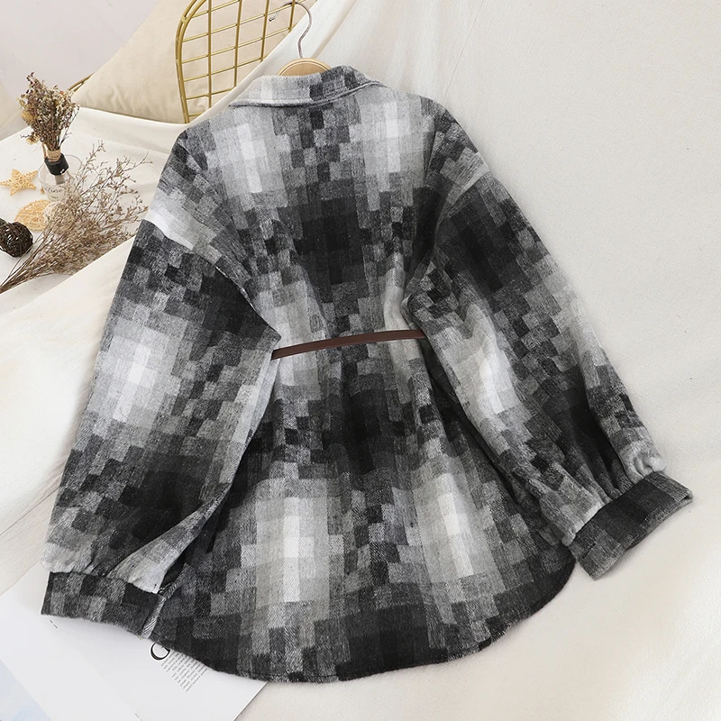 Neploe Ретро клетчатая однобортная блузка Модная тонкая талия пояс карман Blusas отложной воротник длинный рукав рубашка свободная 48261