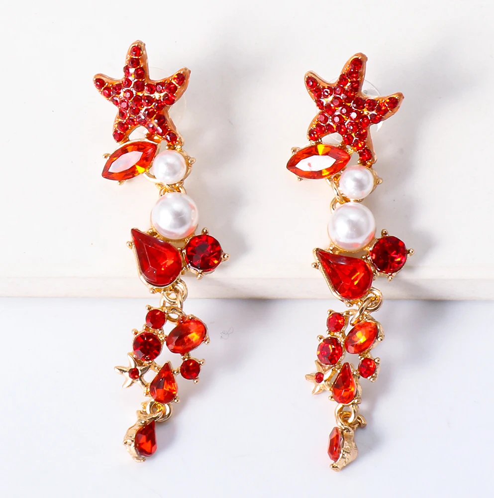 Starfish Earrings Summer Crystal Dangle Drop For Women Sandy beach Pearl Zircon