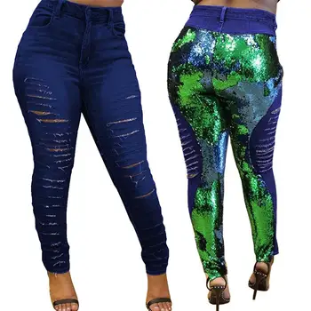 

New Shiny Reversible Sequins Color Changing Ripped Jeans Women Skinny Denim Pants Changing Ripped Jeans Women Skinny Denim Pants