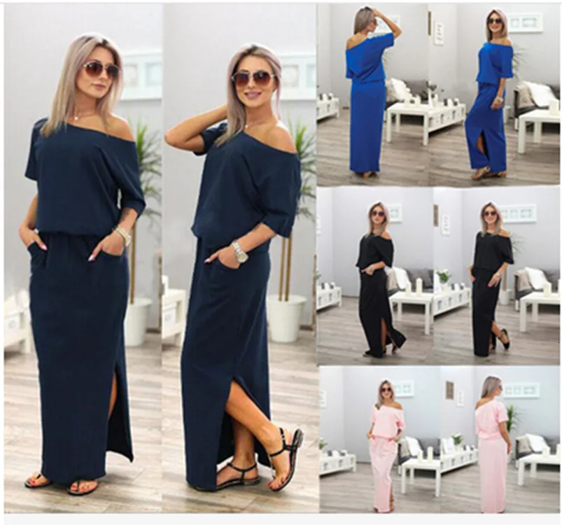 

New Hot Sale Women Boho Maxi Dress Sexy Summer Short Sleeve Side Slit Loose Evening Party Long Beach Dress With Pocket Vestidos