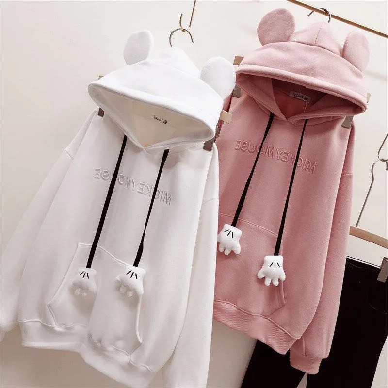 Fashion Women'S Printed Cat Ears Hooded Large Size Long-Sleeve Claw Sweater Comfortable Pullover Casual Top 2021 New | Женская