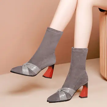 

High-heeled ankle boots women's thick with 2019 new pointed elastic boots spring and autumn single boots