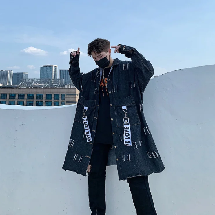 M-xxl! осенняя и зимняя новая модная мужская Свободная джинсовая ветровка с дырками Красивая длинная куртка с мехом