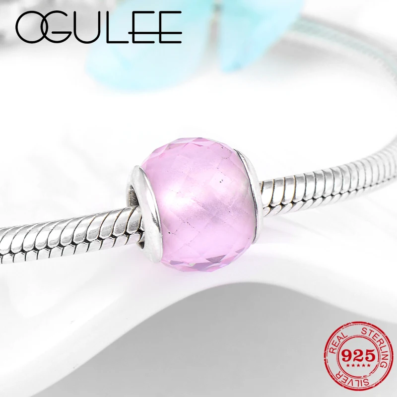 Fit European Charm Silver 925 Original Bracelet DIY Lucky Glass Bead Romantic Ice Pink Cutting Murano Beads Jewelry Making | Украшения и