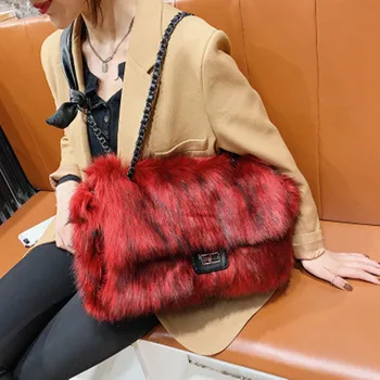 

Women Lamb Like Fabric Shoulder Tote Bag Canvas Fluffy Fur Handbags Large Capacity Soft Shopping Bags Girls Cute Chain Big Bag