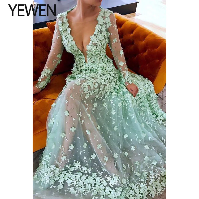 

3D Floral Evening Dresses long Rare Color abendkleider See Through Deep V Neck Evening Gown Party Appliques robe de soiree YeWen