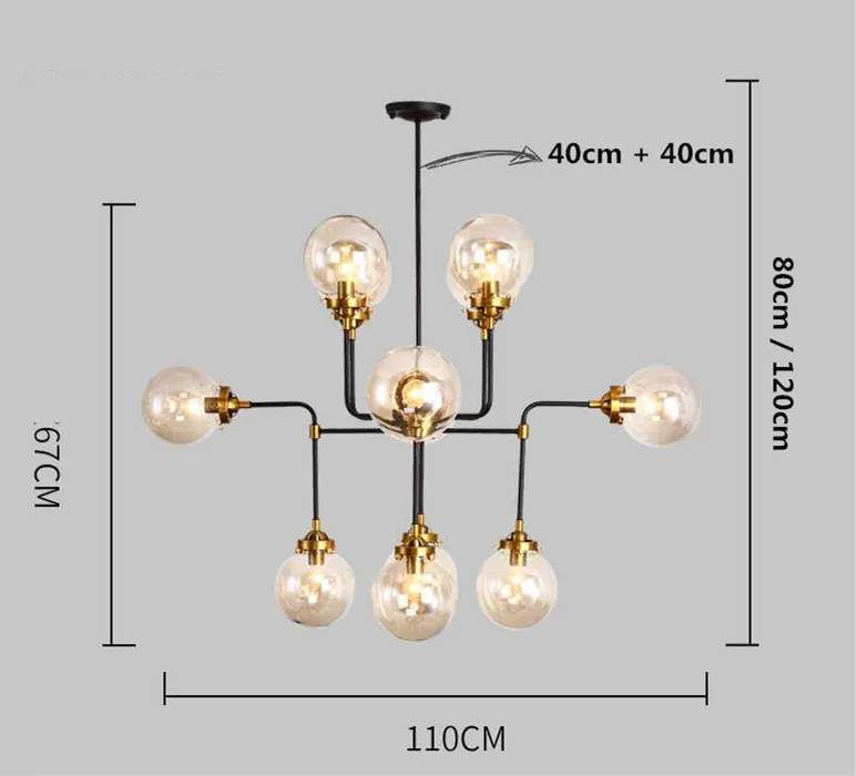 12 light D110cm Американская RH черная E14 светодиодная люстра, стеклянные абажуры, ветка, светодиодная подвесная люстра, освещение, роскошные светильники для гостиной - Цвет абажура: 12 light D110cm