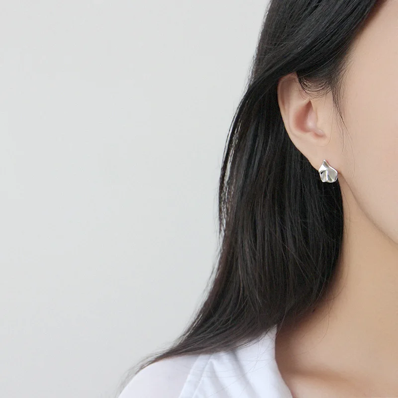 Gold Color 925 Sterling Silver Irregular Concave-convex Leaf Style Small Stud Earrings for Women Sterling Silver Jewelry