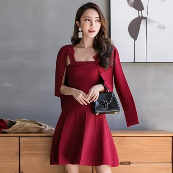 

New Luxury High Quality Suspender Vest Dress+Women Cardigan 2pcs Suits 2019 Winter Office Ladies Elegant Knitting Clothing Sets