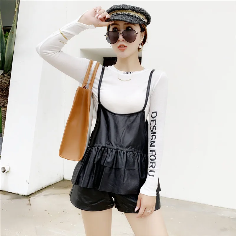 Genuine Leather Camis Black Minimalist Ruffles Hem Sleeveless Strap Sheepskin Tops Women Autumn Winter Casual Solid Top Shirts