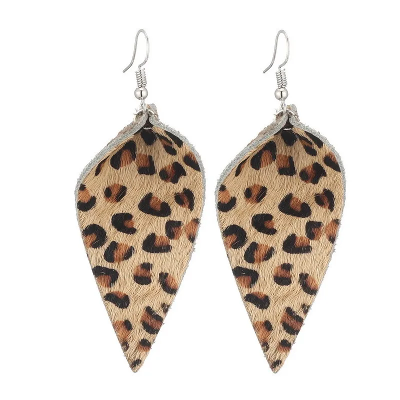 

New Leopard Printed Leather Large Roll Leaf Earrings Glitter Animal Fur Double Sided Feather Shaped Water Drop Leather Earrings
