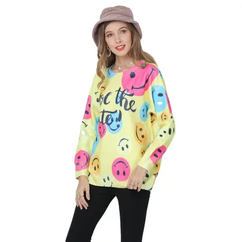 

Autumn Knitwear Smiley Printed Long Sleeve Loose-Fit Sweater Women Sueter Mujer Invierno 2020 Tops Christmas Sweater D19107