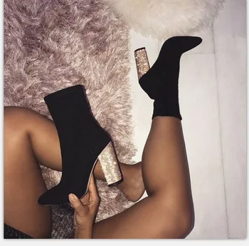 

Simple Fashion Stretch Socks Boots Women's High Heels Shoes Knit Socks Boots Skinny Women Pointed Autumn Winter Bare Black Boots