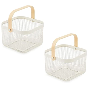 

White Mesh Steel Storage Organizer Basket Bin with Wood Handle perfect for Kitchen Bathroom Cabinets Home Decor 2PCS