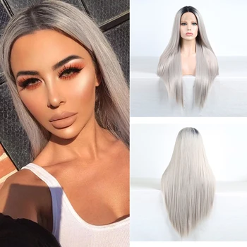 

Charisma Ombre Grey Silky Straight Long Hair Synthetic Lace Frontal Wigs For Daliy Use Cosplay Show Heat Friendly Fiber