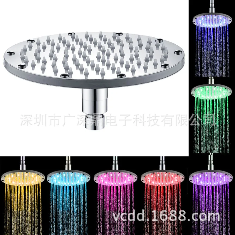 

LED Top Spray Stainless Steel Temperature Control Three-Color Circle Top Spray Colorful since Color Changing Mirror Shining Top