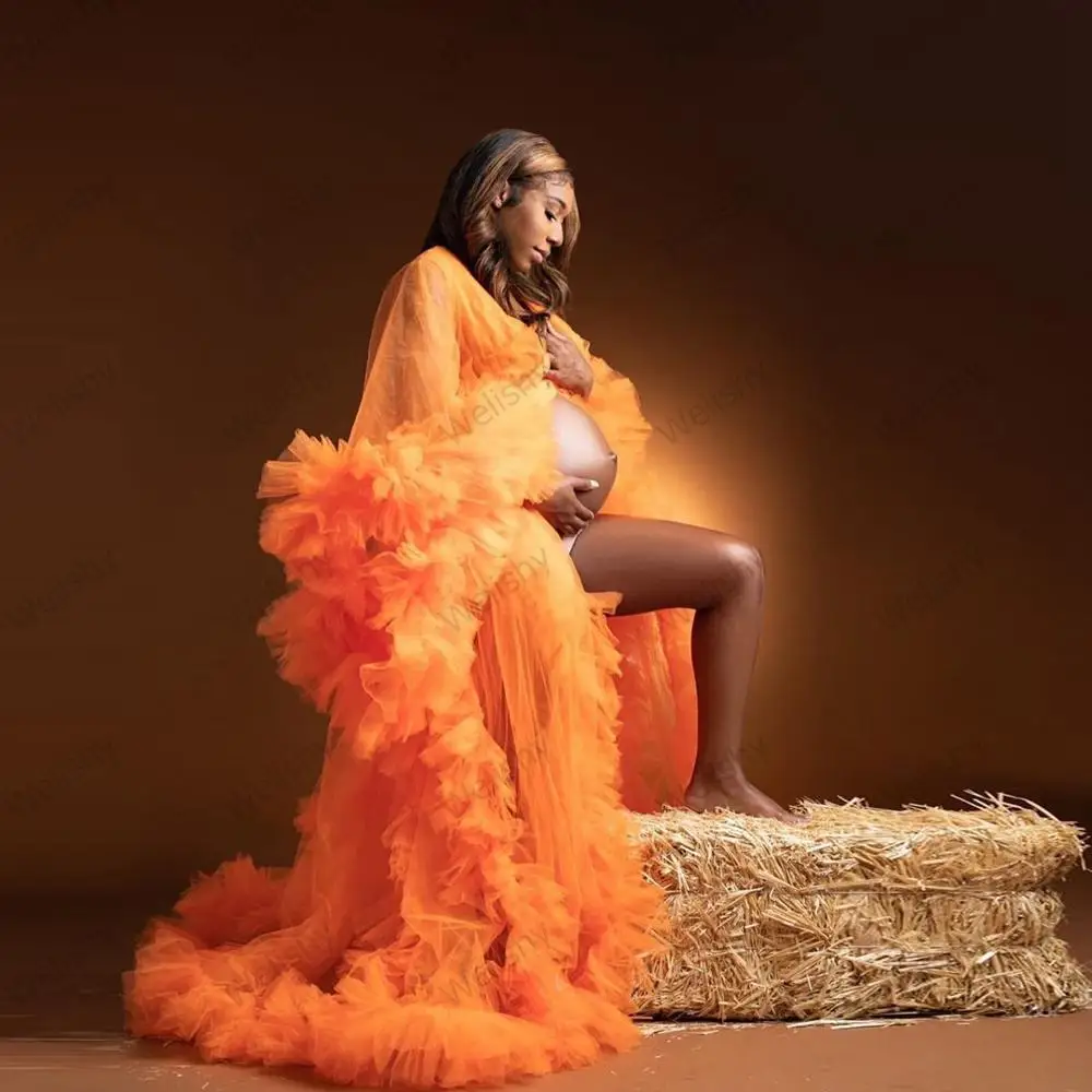 Orange Maternity Prom Tulle Dresses Women Extra