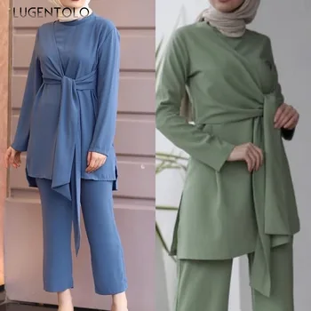 

Lugentolo Two Piece Set Top and Pants Dubai Abaya Muslim Fashion O-Neck Pullover Sashes Solid Autumn New Long Sleeve Casual set