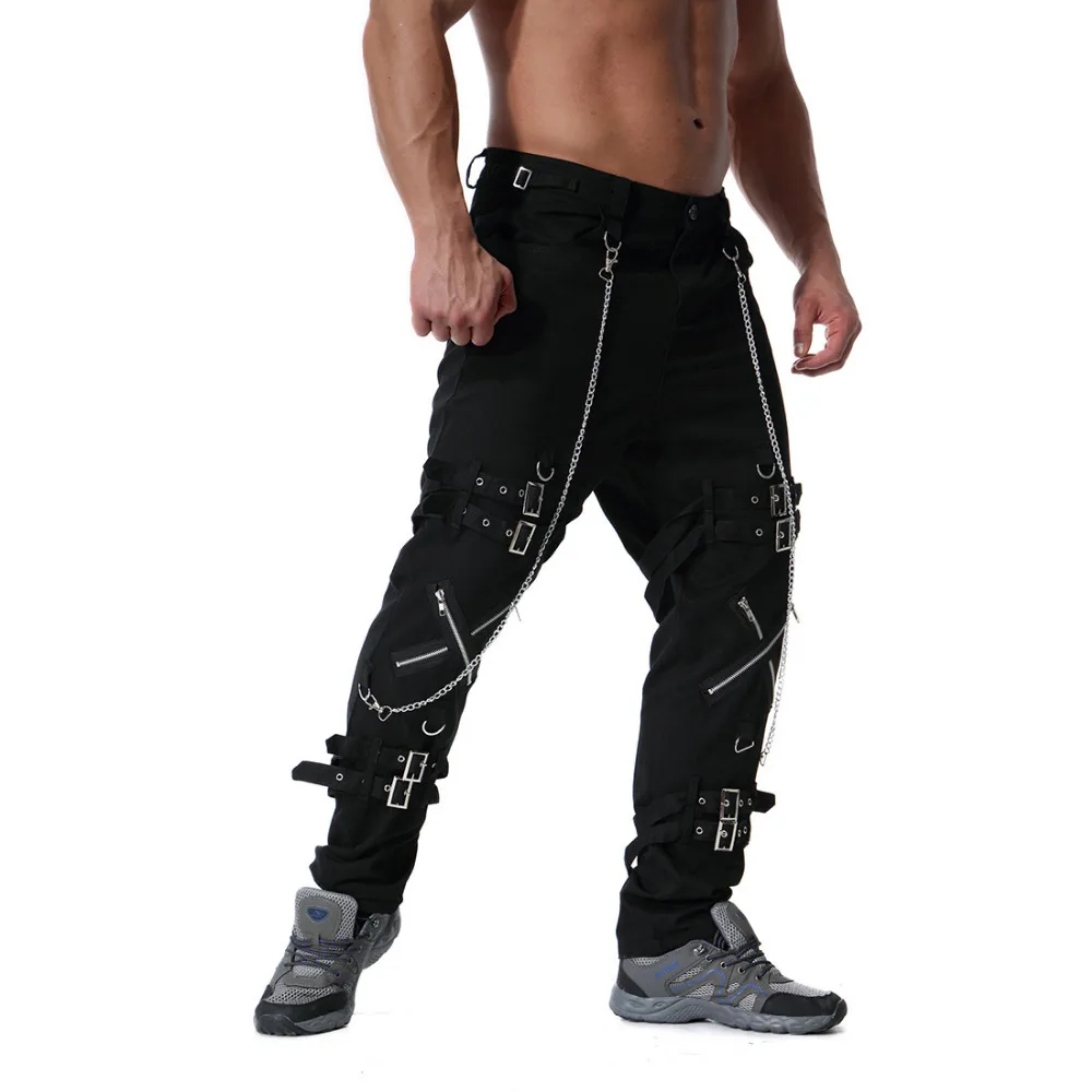 Men autumn multi zippers ribbons design punk cargo pants with chain hip hop trousers men casual street style joggers hiphop
