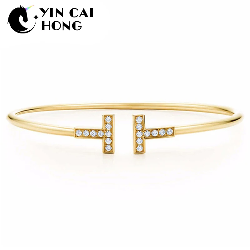 

NEW Charm Gift 925 Sterling Silver Gemstone Golden T Logo TIFF Attractive Elegance Temperament Bracelet World Jewelry