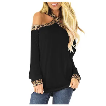 

High Quality Women s Leopard Print Casual Top Shirt New Sling Strapless Long Sleeve Top Camisas Mujer Plus Size V27