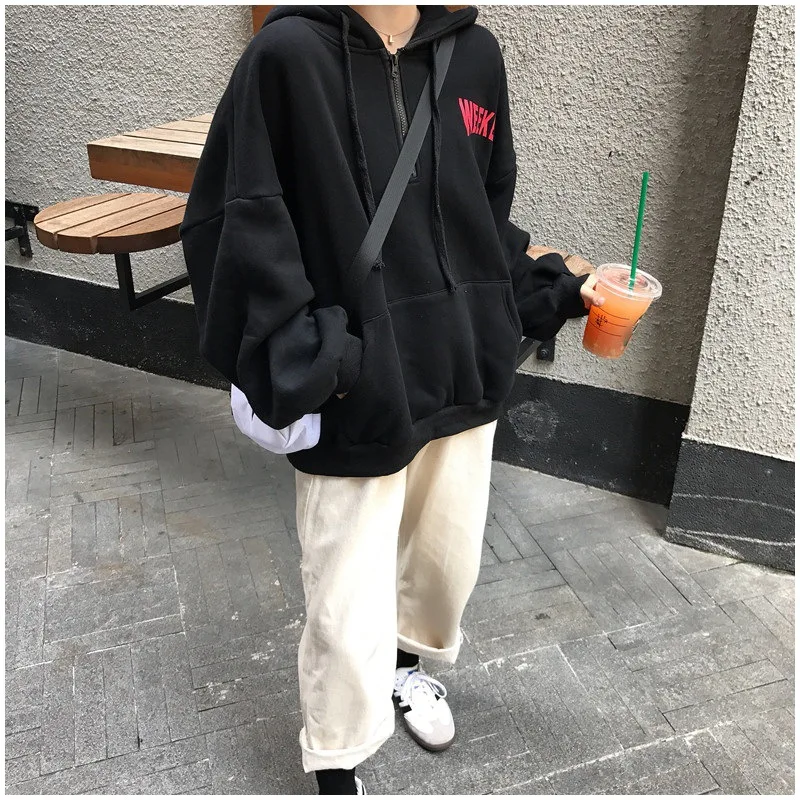 Couplewear Женская негабаритная толстовка женская Свободная Толстовка пара зима флис толстые топы корейский стиль Мода буквы печать
