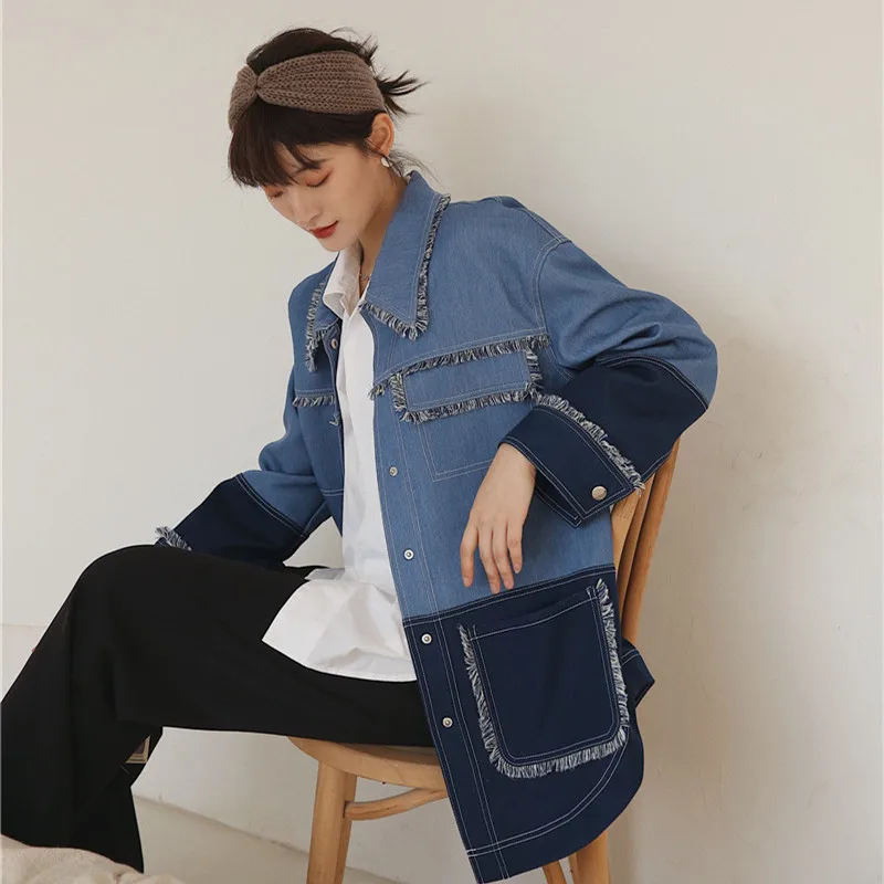 Tassel jean coat women temperament Spliced Long-sleeved Denim Jacket Casual Fashion Loose Plus Woman Coat 2020 Spring New NZY109 |