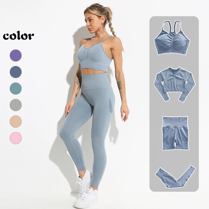 Yoga Set Fitness Sports Suits Women Seamless GYM Clothes Yoga Long Sleeve Shirts High Waist Running Leggings Workout Pants Bra