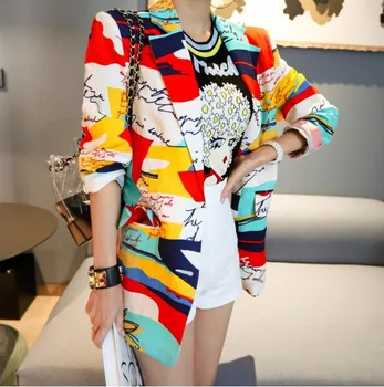 

Korean 2020 Spring Women Letter Printed Colorful Blazer Elegant Ladies Chic Streetwear Hip Hop Sport Coat Suit Jackets Notched