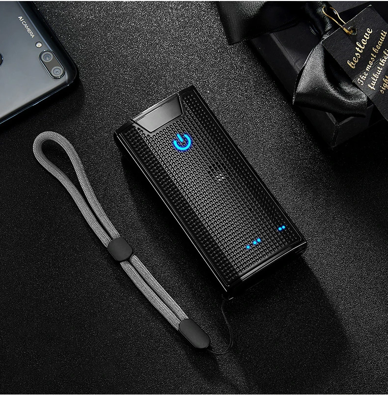 Черный Электрическая зажигалка с power bank dual arc Bluetooth TM звук перезаряжаемый защищенный от ветра для курения аксессуары Рождественский подарок для мужчин - Цвет: Черный