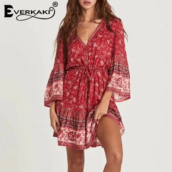 

Everkaki Mini Dress Women Boho Print Sashes Adjustable Waist V Neck Ladies Party Short Women's Dresses Female 2020 Summer New