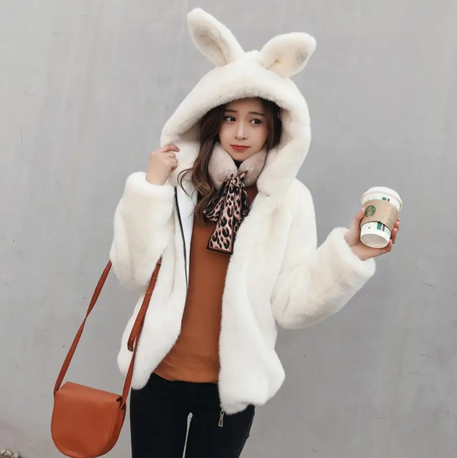 Harajuku женские каваи толстовки плюшевое пальто из искусственного меха теплая верхняя одежда с капюшоном свободные осень зима Корейская женская куртка r1648 - Цвет: white